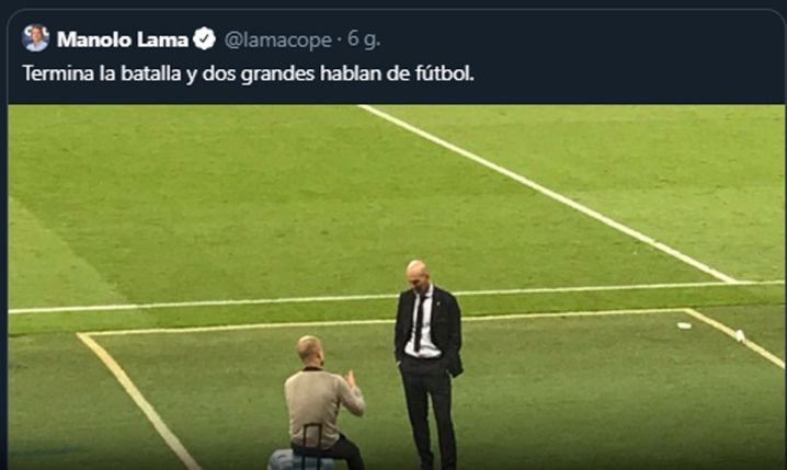 Pep Guardiola i Zinédine Zidane po zakończonym meczu...